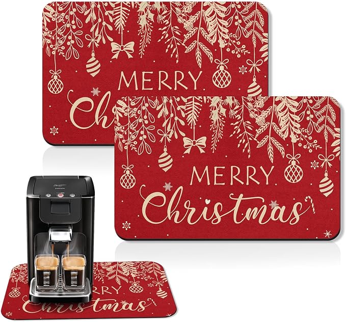 Arttown Coffee Mat for Countertops, Christmas Ball Branch Leaves Golden Red by Arttown