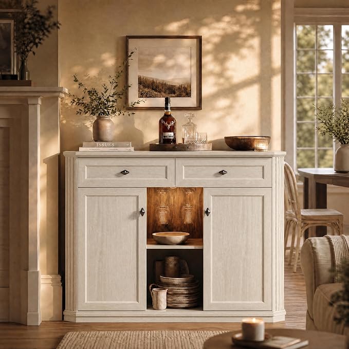 White Coffee Bar with 2 Drawers & 2 Doors, LED Wine Bar Cabinet with Wine - Image 7