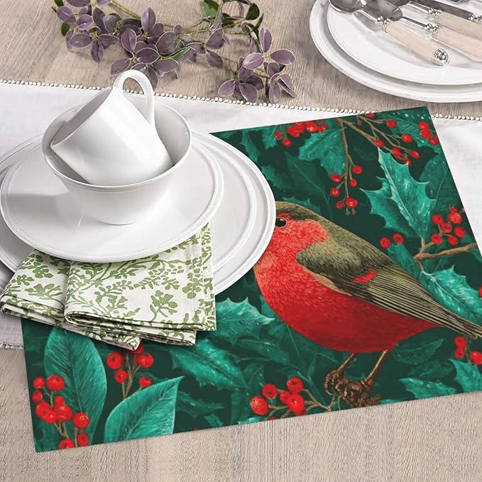 Two Red Birds Holly Red Berries Dark Green Absorbent Dish Drying Mat by Unknown