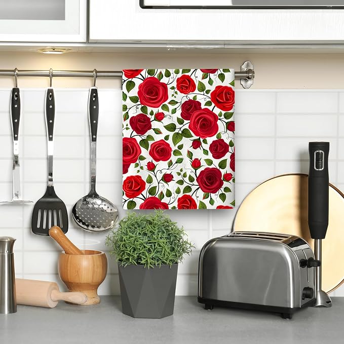 Red Rose Kitchen Dish Towel Set of 2, Soft Absorbent Hand Drying Baking Cooking - Image 4