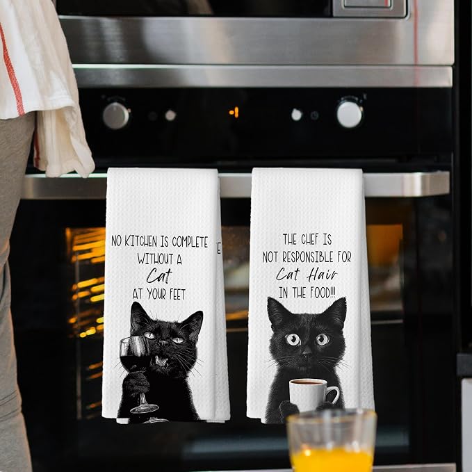 Funny Cat Kitchen Towels Set of 2, Cats Kitchen Accessories, Coffee Wine - Image 2