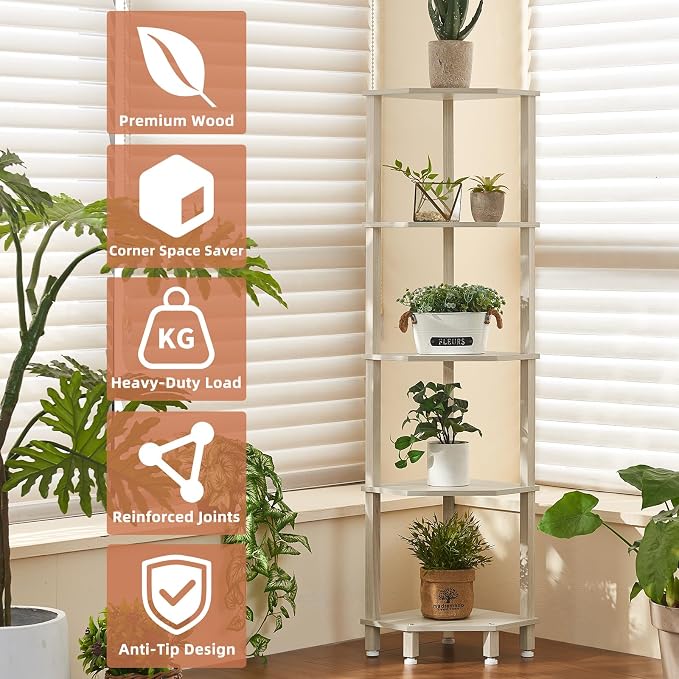 YUFAM 5-Tier Corner Shelf with Sturdy 5-Leg Base, Wooden Corner Bookshelf - Image 5