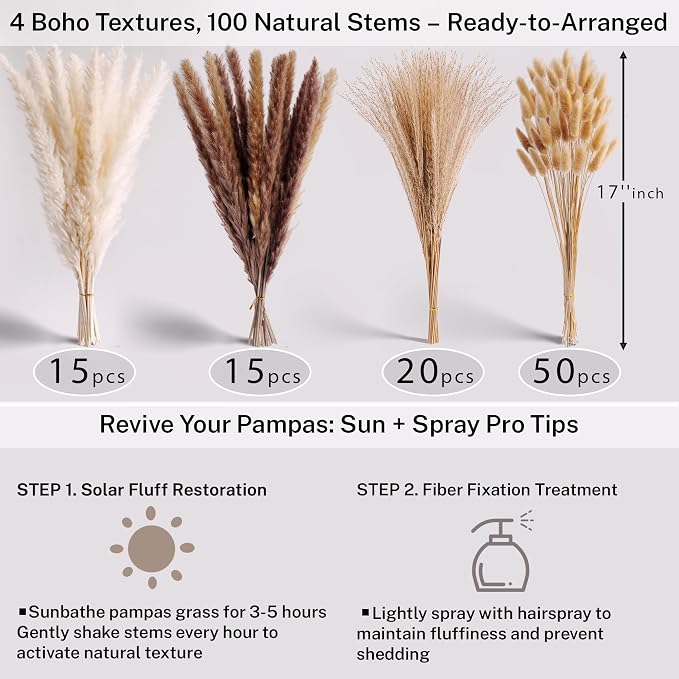 Pampas Grass with Vase Set – 3 Beige White Ceramic Vases with Natural Dried - Image 5