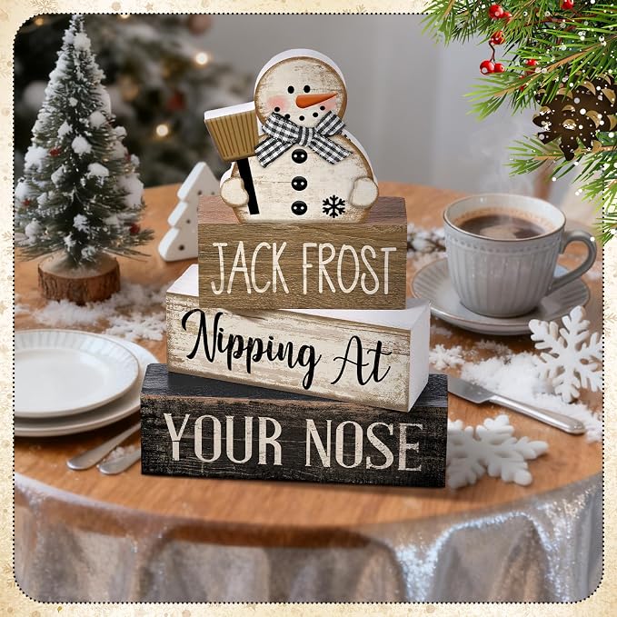 Moucuny 4 Pcs Winter Table Decor Wooden Snowman Black and White Winter Tiered - Image 5