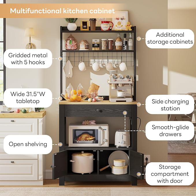LIKIMIO Baker Rack with Spill-Safe Power Outlet & Drawer, Coffee Bar Cabinet - Image 4