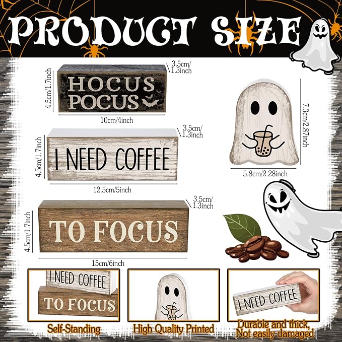 Lineshading 4 Pcs Halloween Coffee Table Decor Coffee Ghost Wooden Stack Block - Image 3