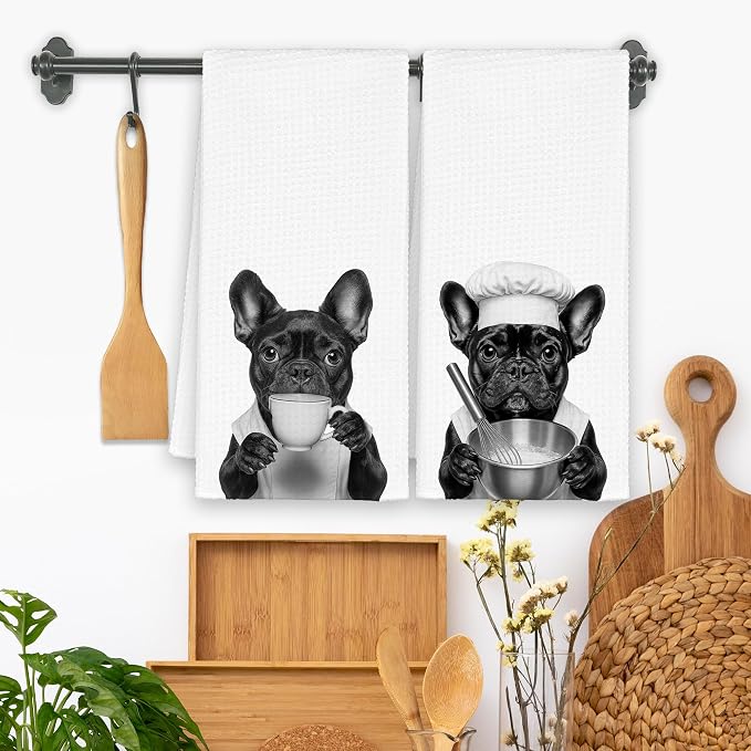 Dog French Bulldog Kitchen Towels Set of 2, Funny Cute Hand Bathroom Towels - Image 2