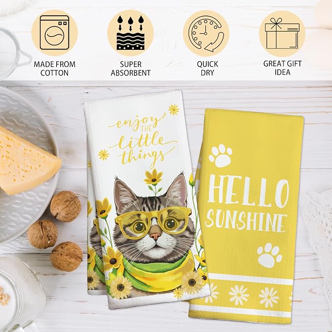 Yellow Flowers Cat Towels, Spring Summer Kitchen Towels, Cute Waffle Weave Dish - Image 3