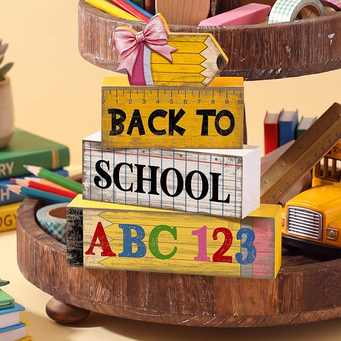 Lineshading 4 Pcs Back to School Table Decorations Wooden Pencil Stacked Block - Image 3