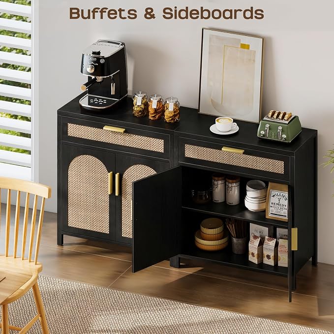 Rattan Buffet Cabinet with Storage, Sideboard Cabinet with Doors and Shelves - Image 7
