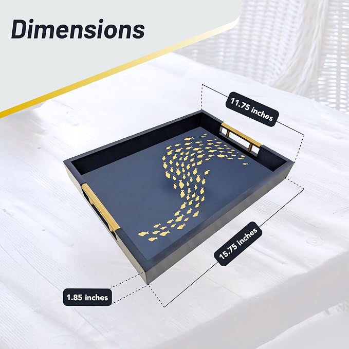 Navy Serving Tray with School of Golden Fish Design Gothic Ottoman Tray - Image 4