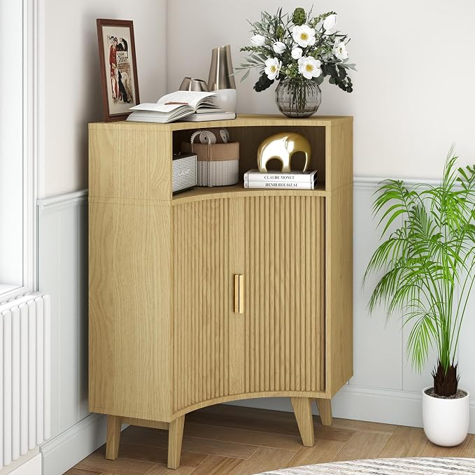 Fluted Corner Cabinet with Open Storage, Modern Floor Cabinets with Sliding - Image 3