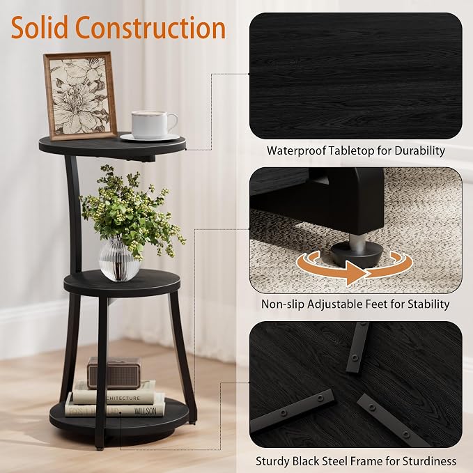 JUSTOGO Small Side Table, 3-Tier Round End Table - Image 5