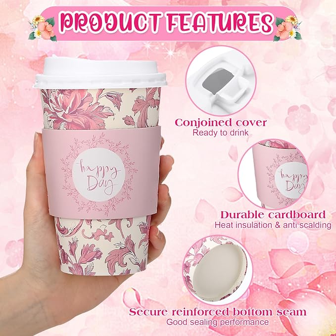 Lallisa 50 Pack 16oz Pink Floral Disposable Coffee Cups - Image 4