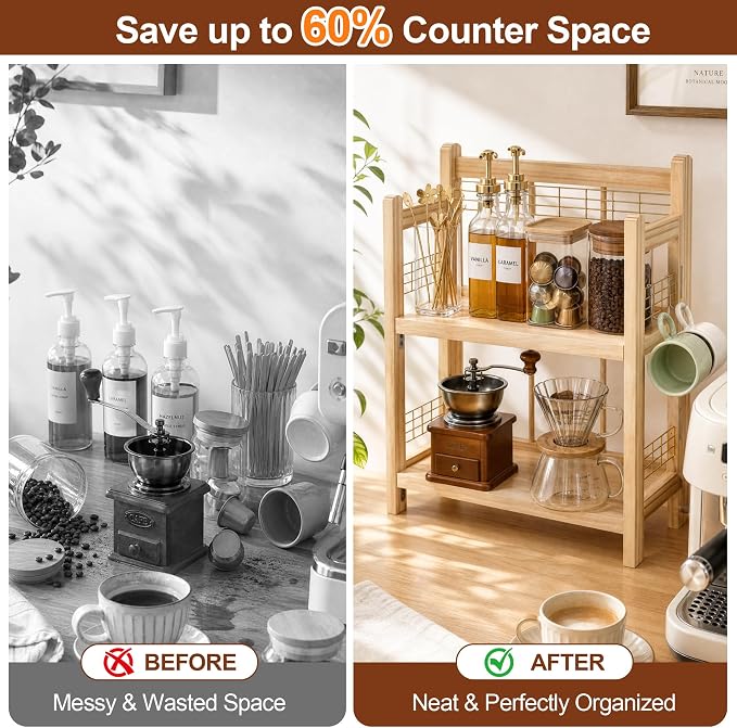 No-Assembly Coffee Bar Organizer, 2-Tier Coffee Station Shelf | Foldable Oak - Image 5
