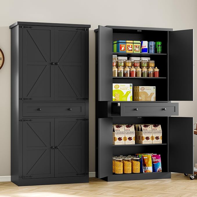 BORNOON Pantry Organizers and Storage Cabinet, 67.7” Barn Door White Kitchen - Image 4