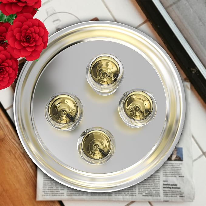 Large Stainless Steel Round Serving Tray, Metal Silver Bar Tray - Image 4