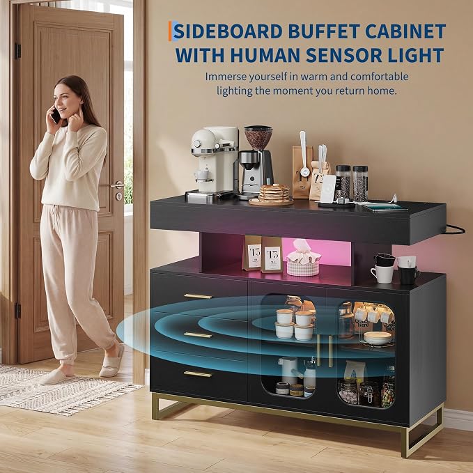 40" LED Buffet Cabinet with Charging Station, Smart Sideboard with RGB 16-Color - Image 5