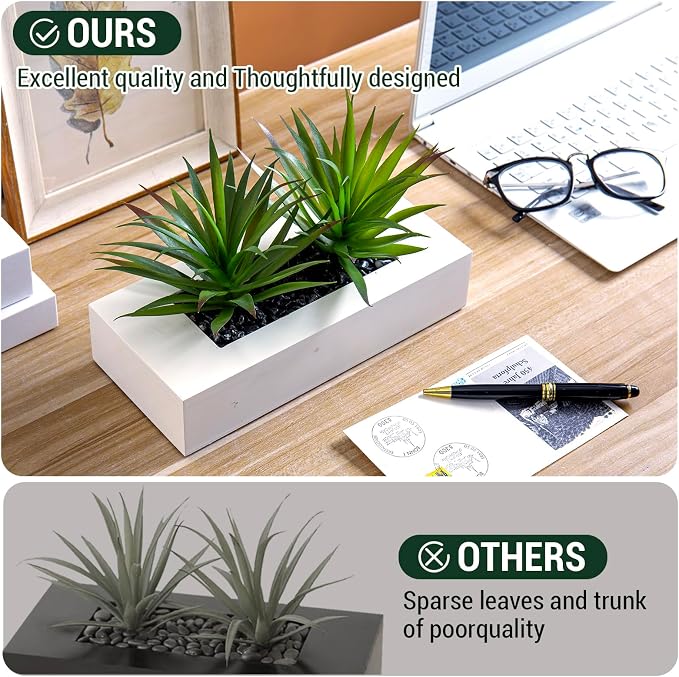 MyGift 10 Inch Artificial Grass Fake Plants in White Rectangular Wood Planter - Image 6