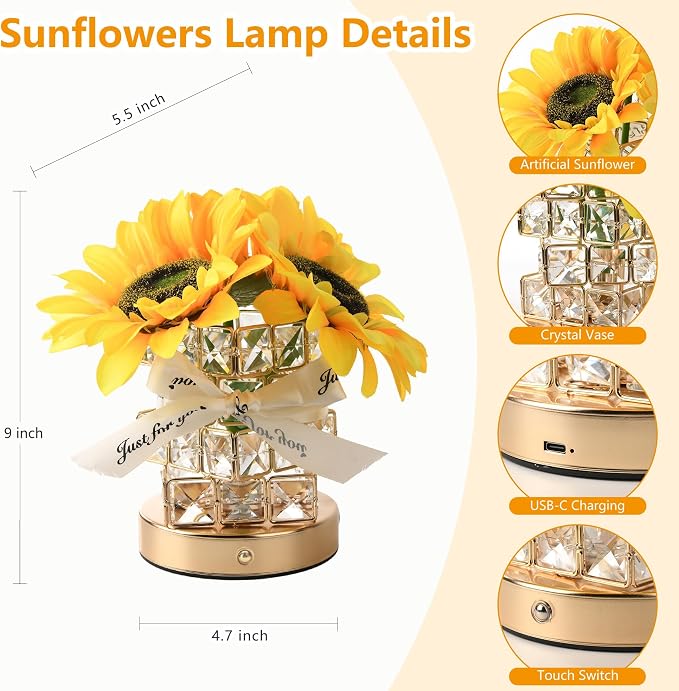 Handmade Sunflower Lamp, Rechargeable Cordless Touch Table Lamp, 3-Colour - Image 2