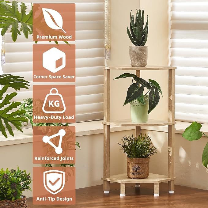 YUFAM 3-Tier Corner Shelf with Sturdy 5-Leg Base, Wooden Corner Bookshelf - Image 7