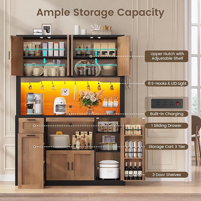 Itaar 71" Pantry Cabinet with Charging Station and LED Light, Kitchen Pantry - Image 4