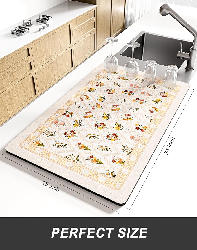Rnivvi Dish Drying Mat for Kitchen Counter, XL 15 x 24" Cute Flower Theme - Image 2