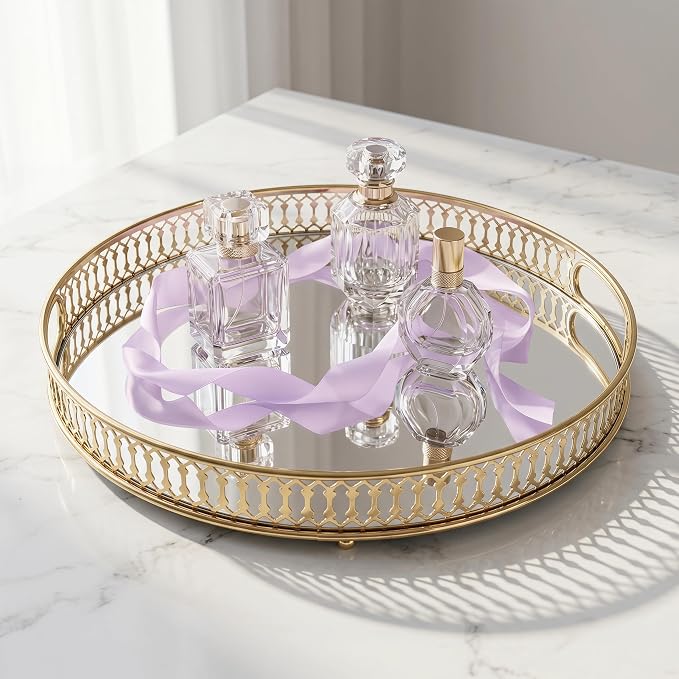 Yikinip12 Inch Round Glass and Gold Round Tray Set of 2，Dinner Plate Perfume - Image 4