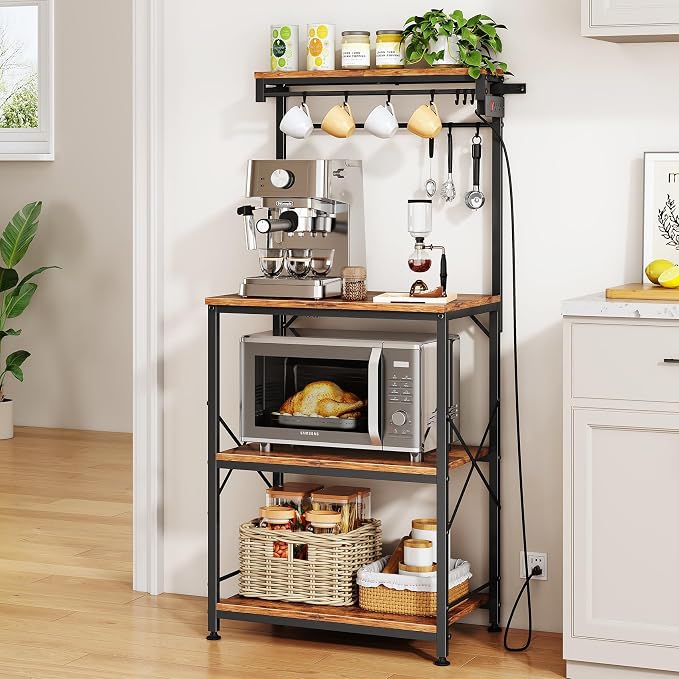 SNTD Bakers Rack with Power Outlet, Kitchen Shelves Microwave Stand with Wire by SNTD