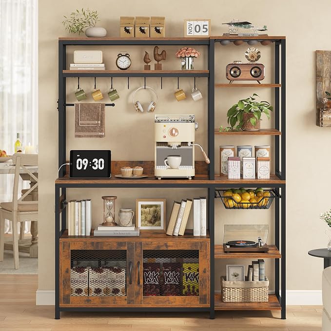 47.2 in Bakers Rack with Power Outlet & LED Light, Coffee Bar with Coffee Pod - Image 9