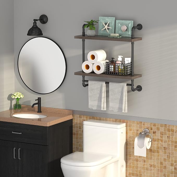Helsin 2 Tier Wood Floating Shelves Towel Rack, Industrial Pipe Bathroom - Image 4