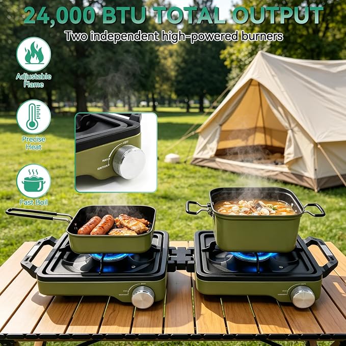 2 Burner Portable Propane Camping Stove Kit, 24000 BTU Foldable Hiking Stove - Image 2