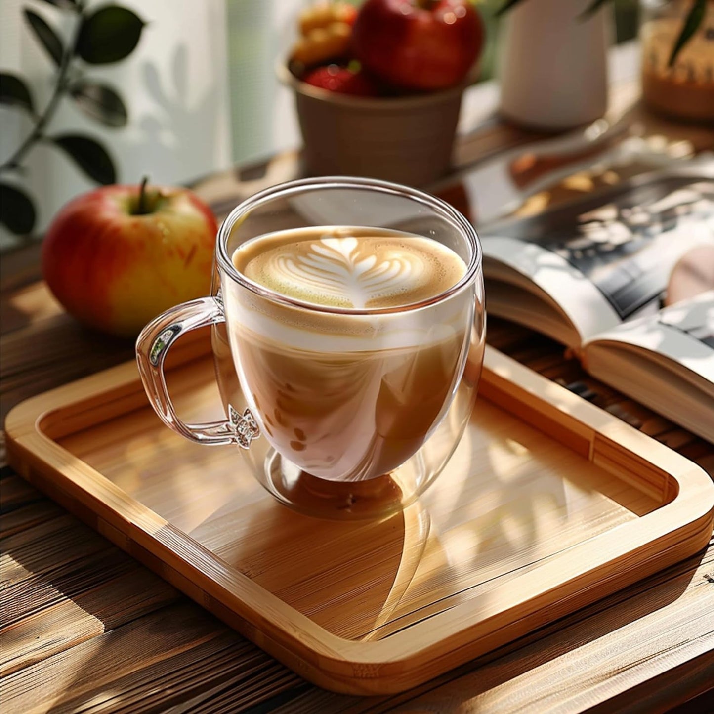 Set of 4 Double Walled Glass Coffee Mugs 6 Ounces Insulated Layer Coffee Cups with Handle Borosilicate Glass Espresso Cup for Hot Beverage,Cappuccino,Tea,Latte,Wine,Microwave Safe