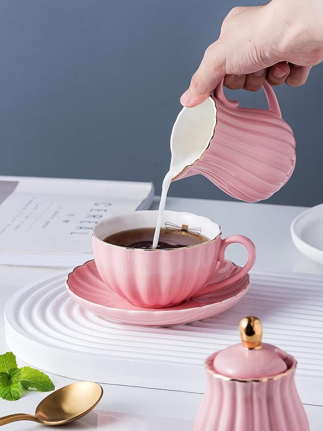 Jusalpha Service for 6- Fine China Pink Coffee Cup/Teacup Set, 8 OZ Cups& Saucer - Image 7