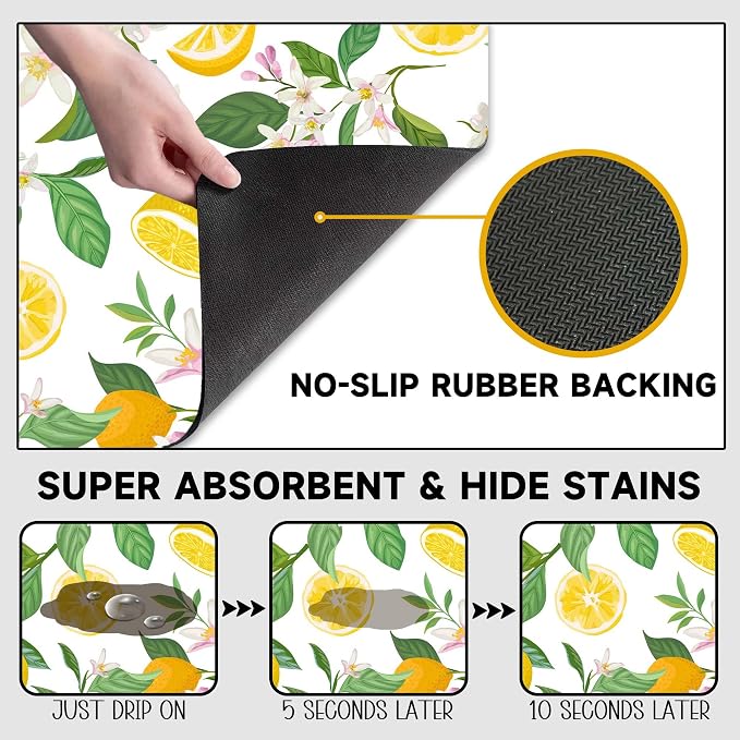 Lemon Floral Coffee Drying Mat 12" x 19", Non-Slip Absorbent Quick-Dry Mat - Image 5