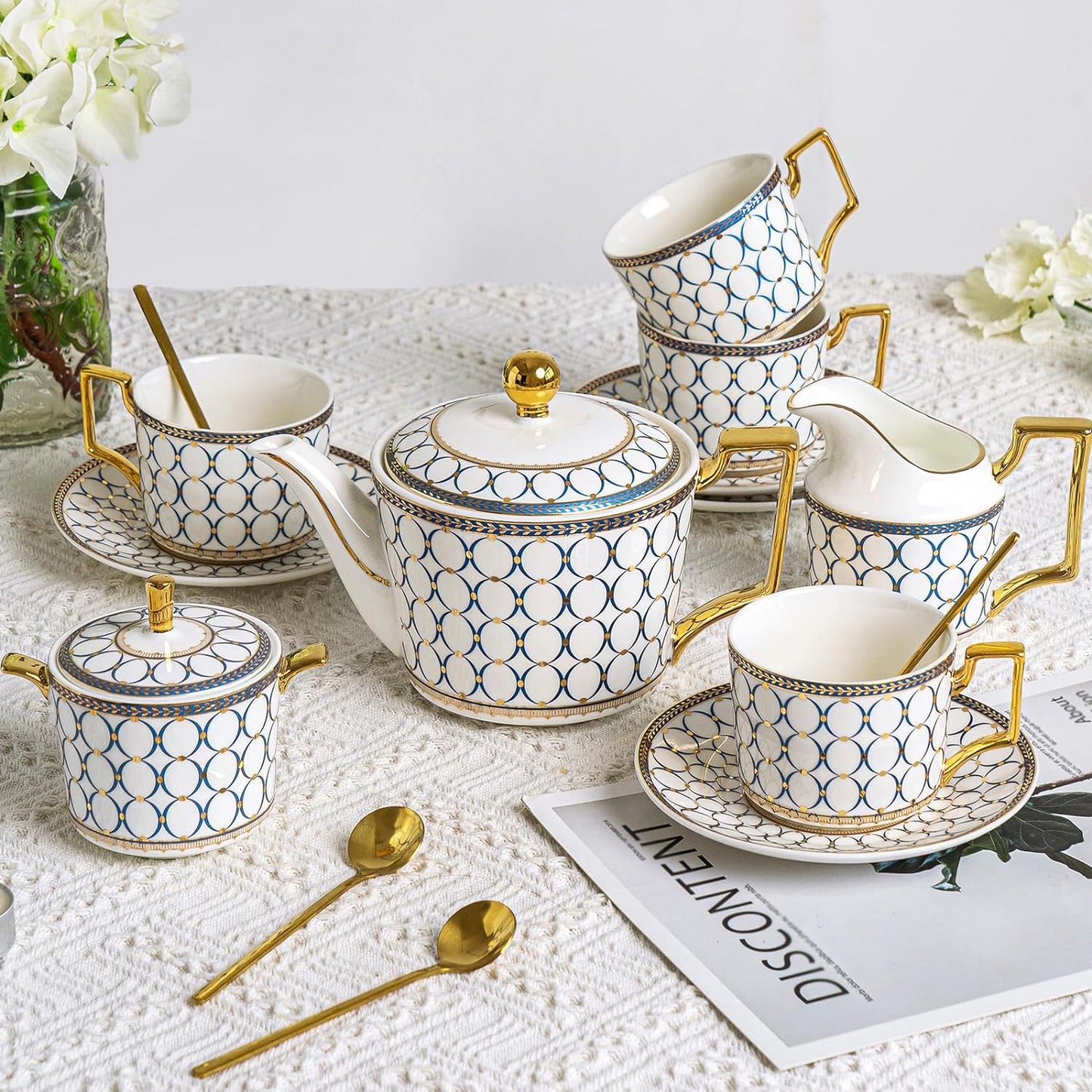 CwlwGO- Bone China Tea Cup Sets,15-Pieces Tea Cup and Saucer Set Service For 4 Whit 28 Ounces Teapot,Sugar Bowl,Creamer Pitcher and Spoons, Tea Gifts Sets For Women Patry.