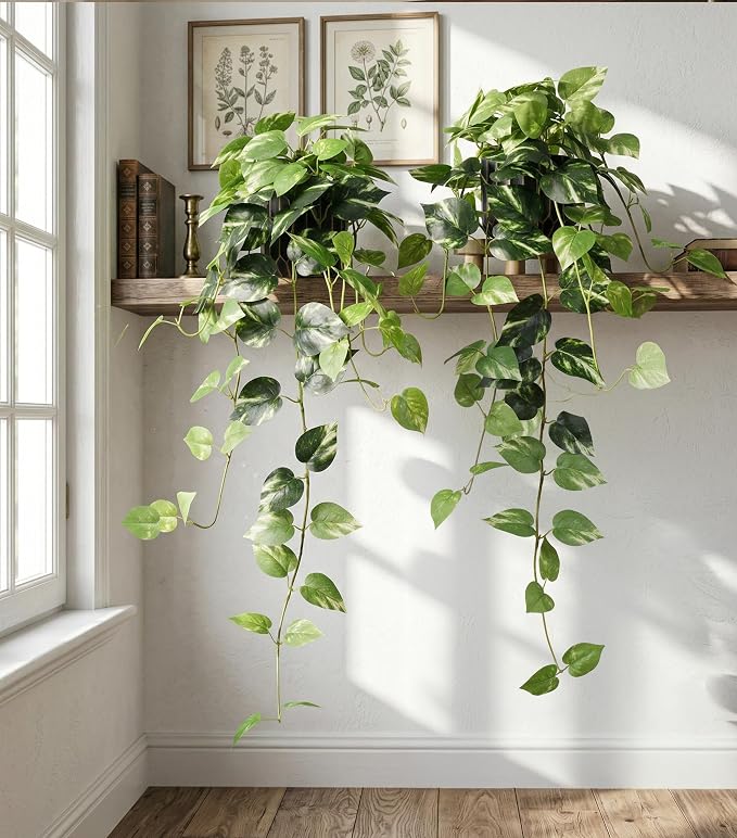 Fake Plants 2 Pcs Faux Pothos Plants Potted Indoor Artificial Hanging Plants - Image 3