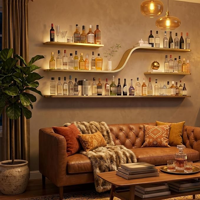 Wall Mounted Wine Rack with LED Lights, Modern Curved Design Floating Bar - Image 3