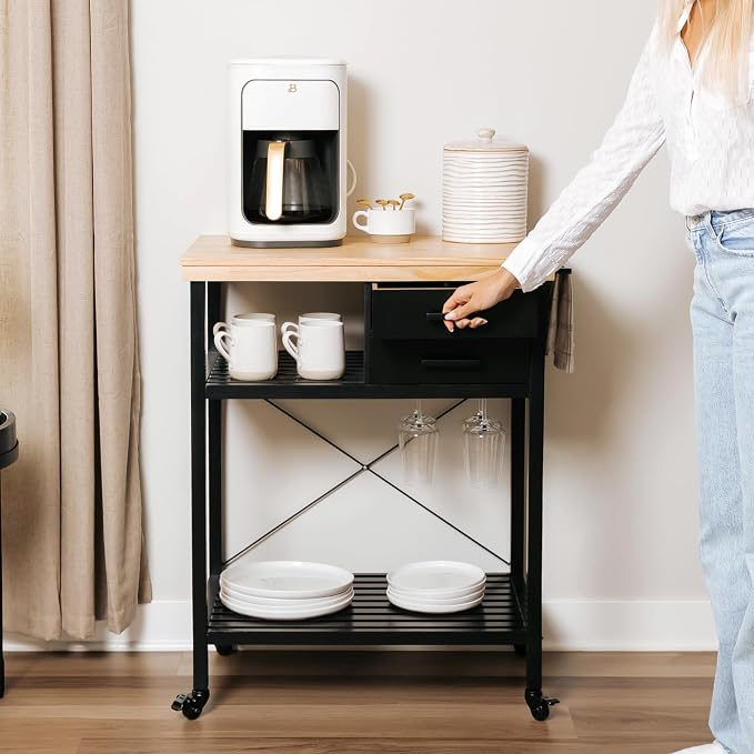 Kitchen Island Cart with Storage – Solid Wood Rolling Coffee Cart with Pine Top by KitchenEdge