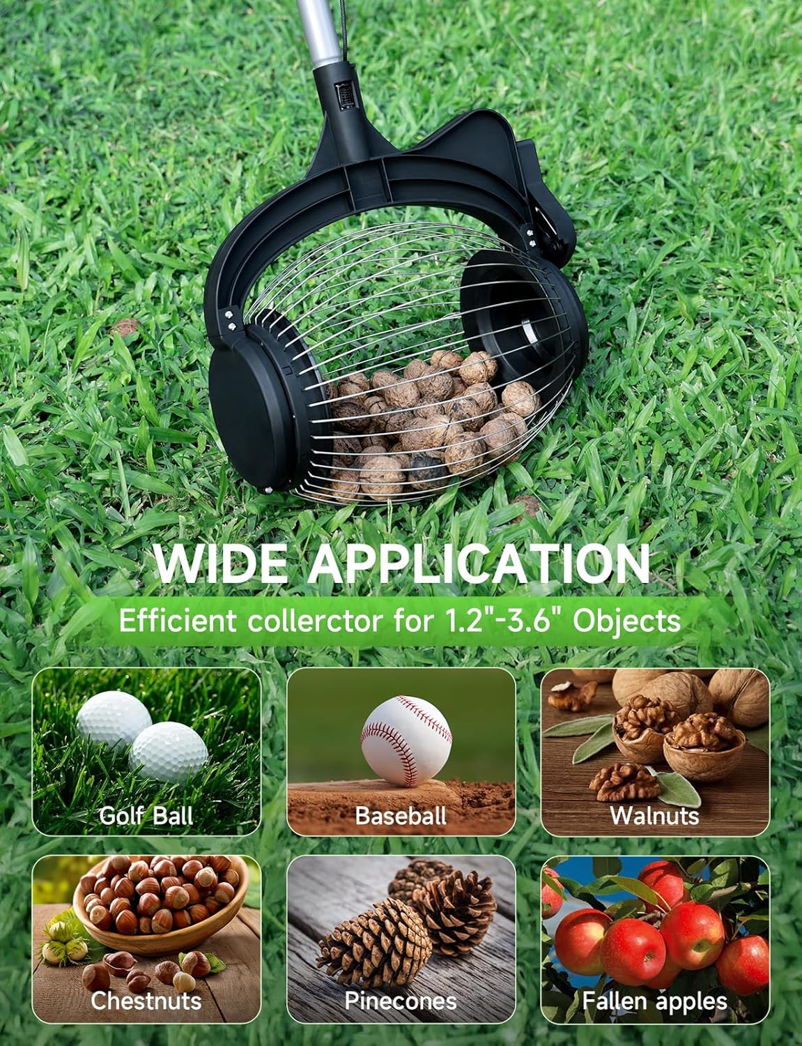 Acorn Picker Upper Roller for Walnuts - Nut Gatherer with 1.8-Gallon Capacity, No-Bend Emptying Design，Suitable for 1.2"-3.6" Walnuts,Chestnuts, Fallen Apples & Tennis Balls