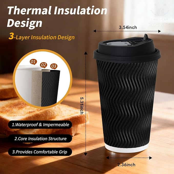 16 oz 100 Pack Corrugated Ripple Wall Disposable Coffee Cups - Image 3