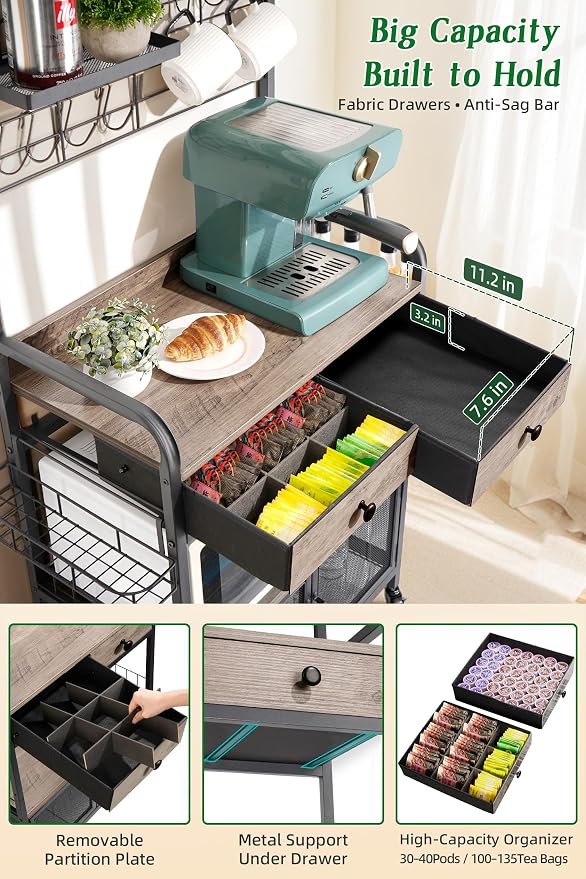 Coffee Bar Cabinet with Storage, Coffee Cart with Wheels, Coffee Station with - Image 5