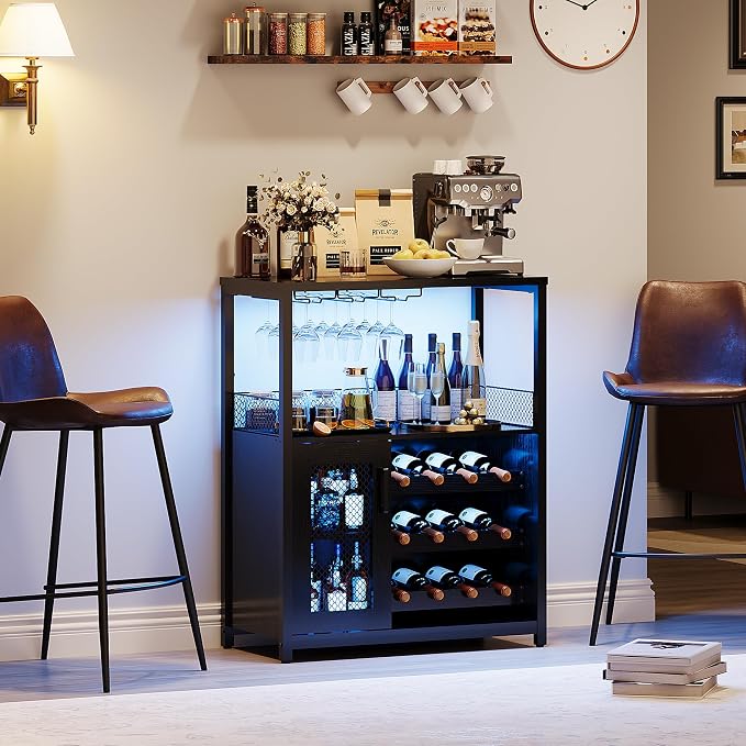 Jojoka LED Lighted 3-Tier Wine Bar Cabinet, Freestanding Sideboard Buffet by Jojoka