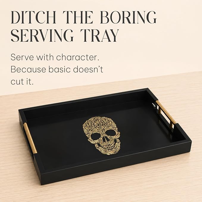 Gothic Skull Serving Tray with Gold Handles – Black Gloss Wooden Ottoman Tray - Image 2