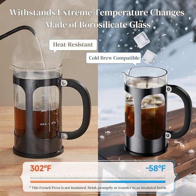 Veken French Press Coffee Maker 34oz, No Plastic Touching Cafe, Thickened Glass - Image 6