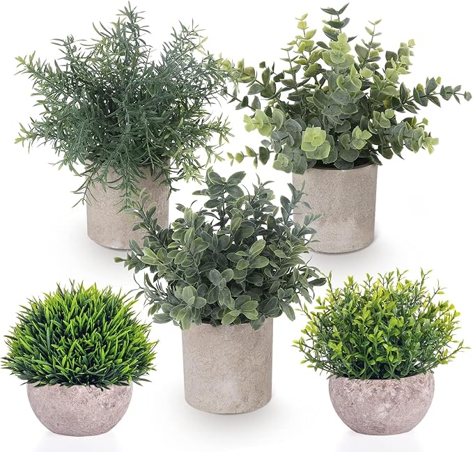 Lemonfilter Small Fake Plants, 5 Pack Artificial Eucalyptus Mini Potted Plant by Lemonfilter