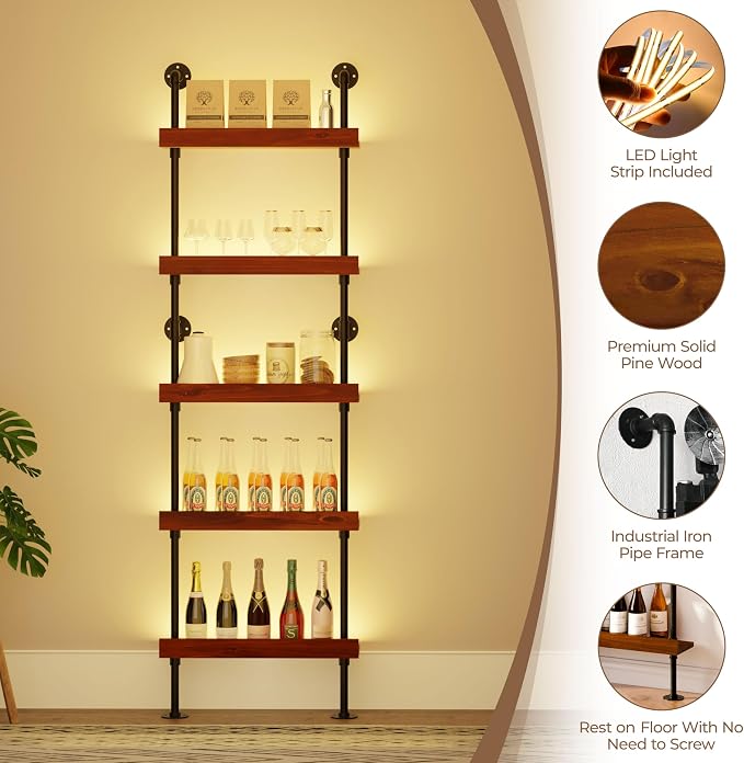 Wall Mounted Wine Rack with LED Light, LED Industrial Pipe Liquor Bar Shelves - Image 2