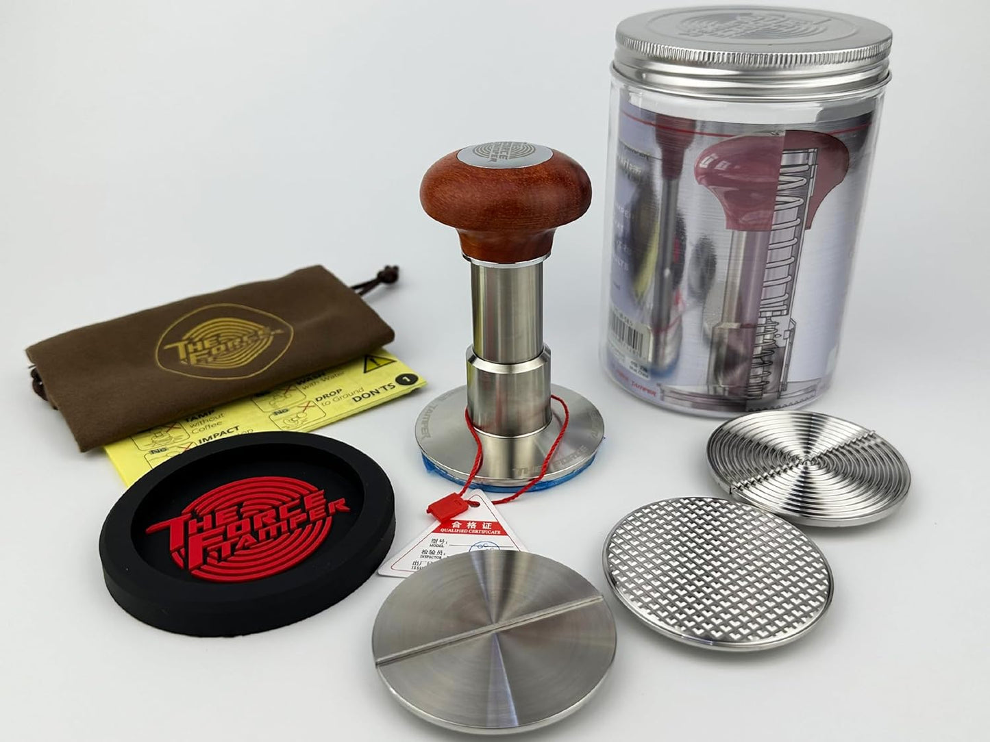 The Force Tamper Automatic Impact Adjustable Constant Pressure and Autoleveling Coffee Tamper Reddish Brown Jellyfish Wooden Handle Set Pro (TRI-Distribute Set, 58.50mm)