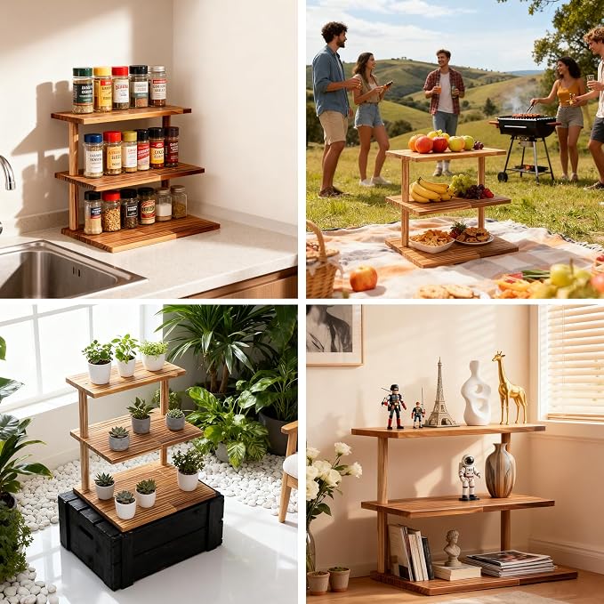 Countertop Coffee Station Organizer, 3 Tier Wooden Shelf - Image 5