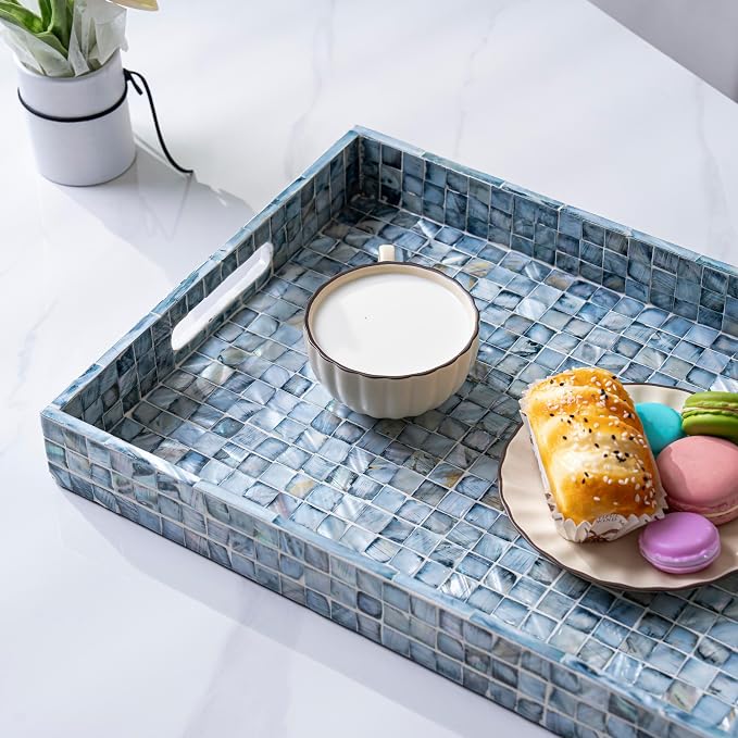 PEMAR Rectangular Mother of Pearl Serving Tray Nacre Wood Lap Ottoman Tray - Image 6